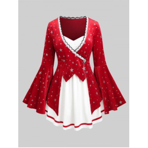 Plus Size Christmas Ruched Eyelash Lace Trim Silver Stamping Star Bell Sleeve T-shirt
