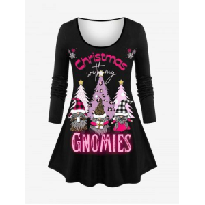 Plus Size Plaid Christmas Hat Tree Santa Claus Snowflake Letters Stars Print Long Sleeves T-shirt
