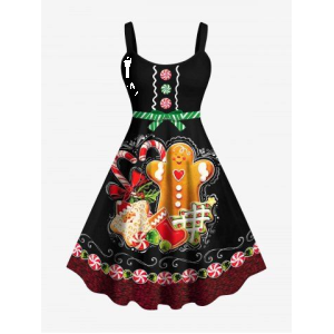 Plus Size Christmas Tree Star Gingerbread Man Candy Ribbons Print Tank Dress