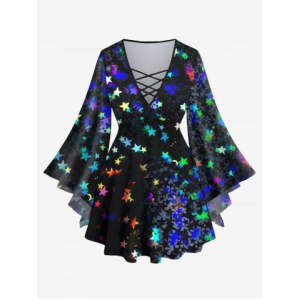 Plus Size Glitter Colorful Stars Bowknot Print Flare Sleeves Ombre Lattice Top
