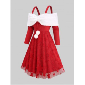 Plus Size Christmas Woolen Ball Star Lace Cinched Cold Shoulder Dress