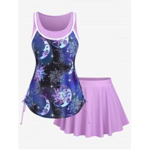 Plus Size Sun Moon Stars Print Cinched Skirted Tankini Swimsuit
