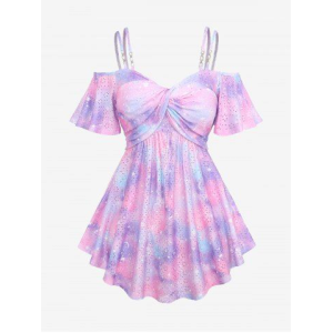 Plus Size Ombre Tie Dye Galaxy Moon Star Print Twist Chains Hollow Out Cold Shoulder Top