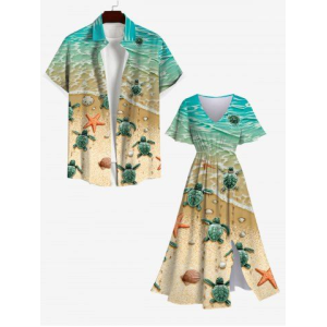 Vacation Style Sea Creatures Beach Starfish Turtle Shell Print Plus Size Hawaii Beach Outfit for Couples