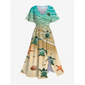 Hawaii Plus Size Sea Creatures Beach Turtle Shell Starfish Print Split Dress