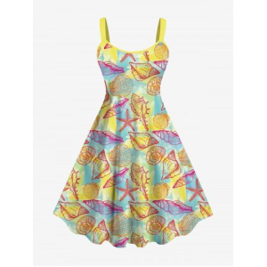 Hawaii Plus Size Shell Conch Starfish Colorblock Print Tank Dress
