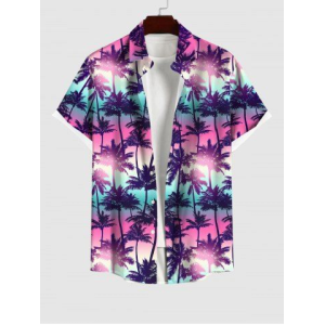 Hawaii Men's Turn-down Collar Coconut Tree Ombre Galaxy Print Button Pocket Shirt