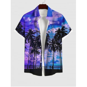 Hawaii Men's Coconut Tree Cloud Sea Print Buttons Pocket Shirt