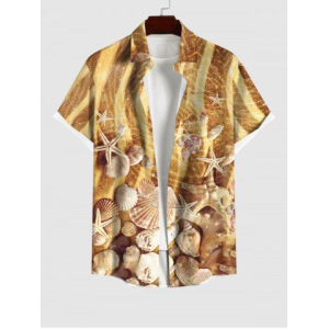 Hawaii Plus Size Beach Shell Starfish Conch Glitter 3D Print Buttons Pocket Shirt For Men