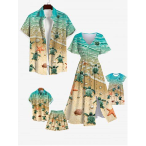 Sea Creatures Turtle Starfish Shell Beach Print Plus Size Matching Hawaii Beach Outfit For Family