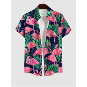 Hawaii Men's Turn-down Collar Coconut Tree Leaf Flamingo Print Button Pocket Shirt