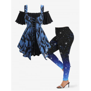 Lace Up Floral Jacquard Laser Cut Layered 2 in 1 Top and Galaxy Star Ombre Glitter 3D Print Leggings Plus Size Outfit