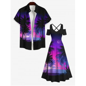 Coconut Tree Moon Star Ombre Print Plus Size Matching Hawaii Beach Outfit For Couples