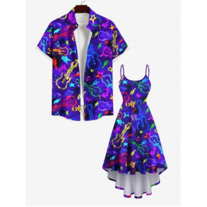 Glitter Guitar Star Letters Print Plus Size Matching Hawaii Beach Outfit For Couples