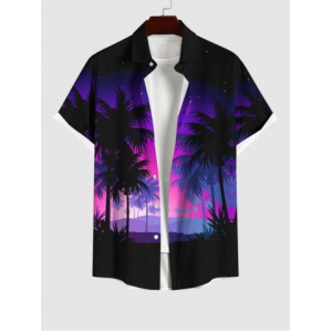 Men's Coconut Tree Moon Star Ombre Print Buttons Pocket Hawaii Shirt