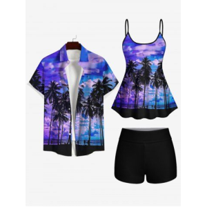 Men's Coconut Tree Cloud Sea Print Buttons Pocket Shirt and Boyleg Tankini Swimsuit Plus Size Matching Hawaii Beach Outfit For Couples