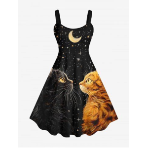 Plus Size Glitter Cat Moon Stars Galaxy Print Backless A Line Tank Dress