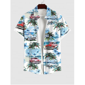 Men's Coconut Tree Floral Sea Car Print Button Pocket Hawaii Shirt