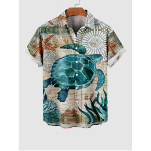 Hawaii Plus Size Starfish Turtle Sea Creaturesweed Floral Print Buttons Pocket Shirt For Men