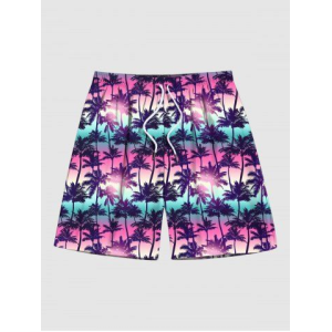 Men's Ombre Colorblock Coconut Tree Print Pocket Beach Shorts