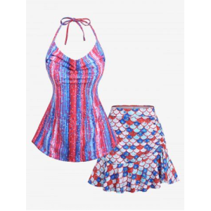 Plus Size Halter American Flag Star Stripes Mermaid Print Ruched Ruffles Skirted Tankini Swimsuit