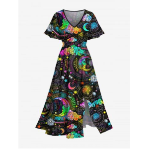 Plus Size Colorful Ombre Moon Star Cloud Galaxy Halo Print Split Pocket A Line Dress