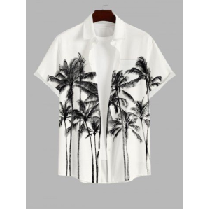 Men's Ink Painting Coconut Tree Print Buttons Pocket Hawaii Shirt