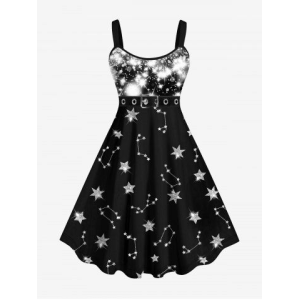 Plus Size Galaxy Star Glitter Buckle Belt 3D Print Tank Party Dress