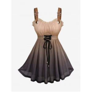 Plus Size Ombre Print Lace Up Ruched Ruffles Star Buckle Tank Top