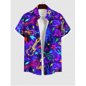 Plus Size Glitter Guitar Star Letters Print Hawaii Button Pocket Shirt For Men