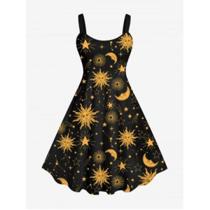 Plus Size Sun Moon Stars Galaxy Print Vintage Backless A Line Tank Dress
