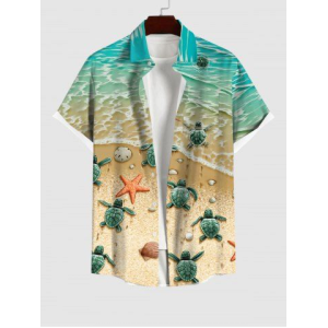 Hawaii Plus Size Sea Creatures Beach Starfish Turtle Shell Print Buttons Pocket Shirt For Men