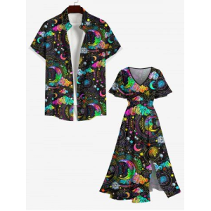 Colorful Ombre Moon Star Cloud Galaxy Halo Print Plus Size Matching Set For Couples