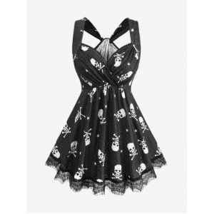 Plus Size Skulls Star Print Surplice Ruched Eyelash Lace Trim Tank Top
