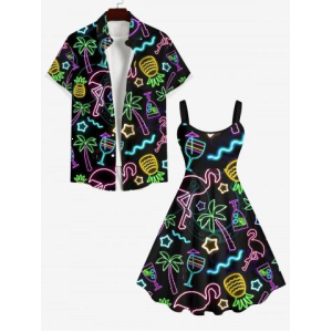 Neon Flamingo Coconut Tree Pineapple Stars Juice Print Plus Size Matching Hawaii Beach Outfit For Couples