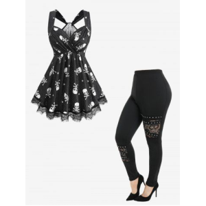 Skulls Star Print Surplice Ruched Eyelash Lace Trim Tank Top and Studded Pants Plus Size Summer Outfit