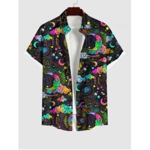 Plus Size Colorful Ombre Moon Star Cloud Galaxy Halo Print Button Pocket Shirt For Men