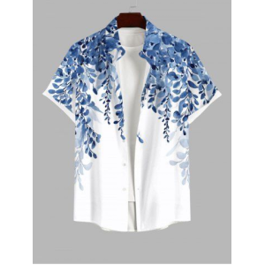 Plus Size Art Leaf Wicker Plant Print Buttons Pocket Hawaii Shirt For Men
