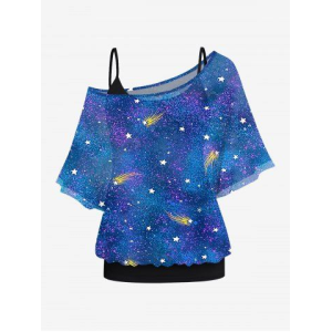 Plus Size Solid Cami Top and Meteor Stars Galaxy Print Skew Neck Batwing Sleeves T-shirt Set