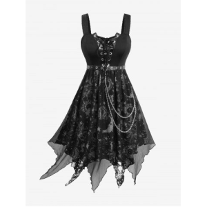 Plus Size Tie Dye Sun Star Moon Print Grommets Lace Up Sheer Mesh Layered Asymmetrical Tank Dress With Belt and Chain