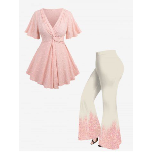 Twist Butterfly Embroidery Hollow Out Textured Top and Glitter Sparkling Sequin 3D Print Flare Disco Pants Plus Size Summer Outfit