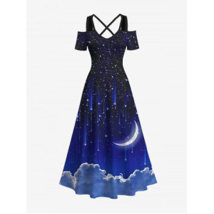 Plus Size Glitter Galaxy Star Moon Cloud Print Hawaii Ombre Crisscross A Line Maxi Dress