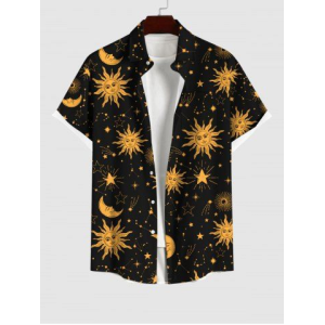 Plus Size Sun Moon Stars Galaxy Print Button Pocket Shirt For Men