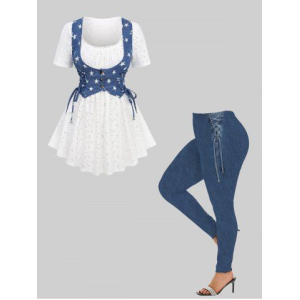 Star Print Lace-up Buttons Lace Trim Hollow Out 2 In 1 Top and Lace Up Denim 3D Printed Leggings Plus Size Summer Outfit