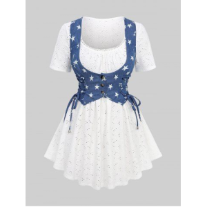 Plus Size Star Print Lace-up Buttons Lace Trim Hollow Out 2 In 1 Top
