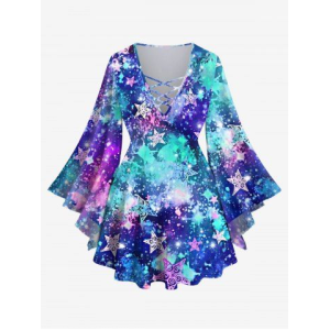Plus Size Galaxy Stars Tie Dye Paint Splatter Graffiti Glitter 3D Print Lattice Crisscross Flare Sleeve T-shirt