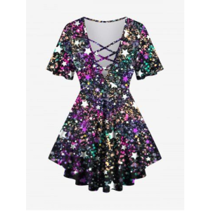 Plus Size Stars Sparkling Sequin Glitter 3D Print Lattice Crisscross Flare Sleeve T-shirt