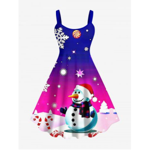 Plus Size Christmas Tree Snowman Star Candy Snowflake Colorblock Print Tank Dress