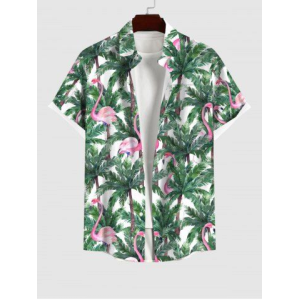 Men's Flamingo Coconut Tree Print Buttons Pocket Hawaii Shirt