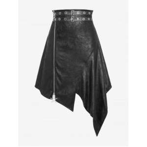 Plus Size Buckle Grommets PU Leather Moon Star Zipper Asymmetrical Skirt